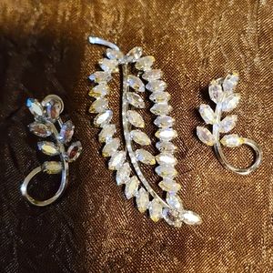 Signed D'Or Sterling Rhinestone Brooch with Screwback Earrings Vintage Costume